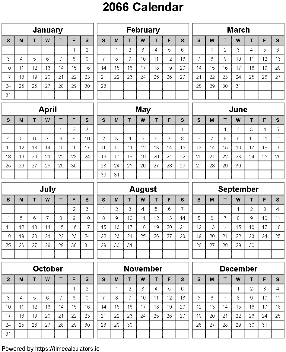 2066 Portrait Calendar