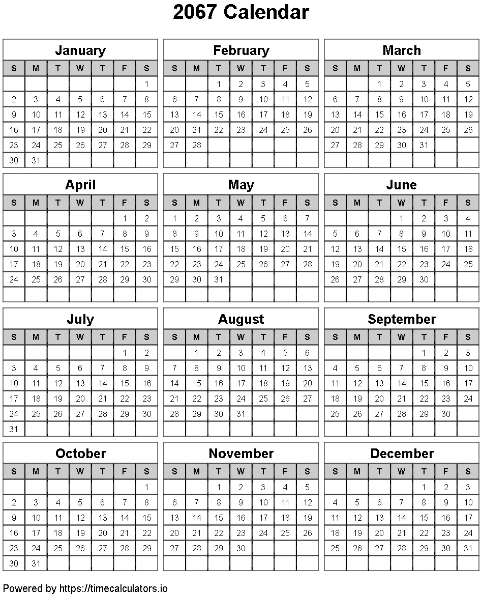 2067 Portrait Calendar