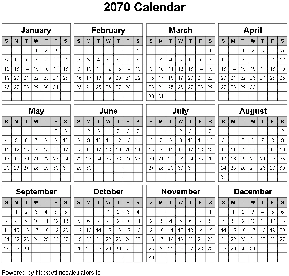 2070 Landscape Calendar