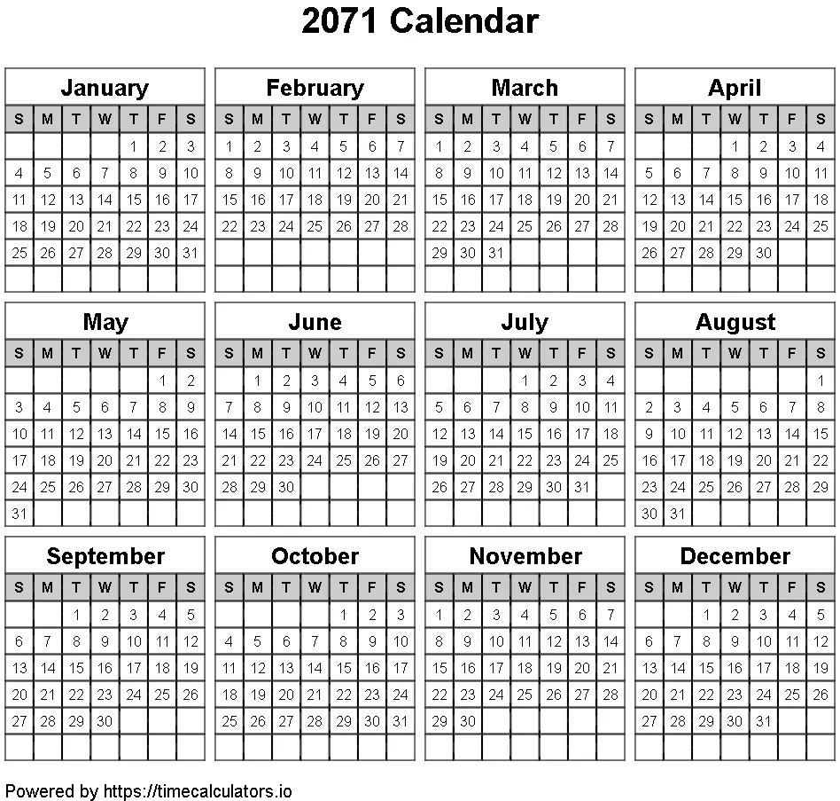 2071 Landscape Calendar