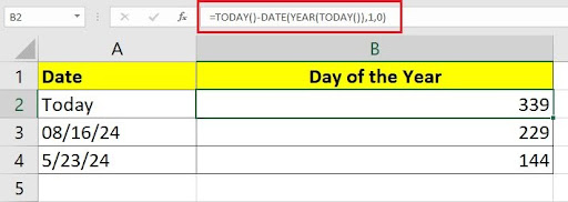 Calculate the numerical day of the year for the current date in Excel.